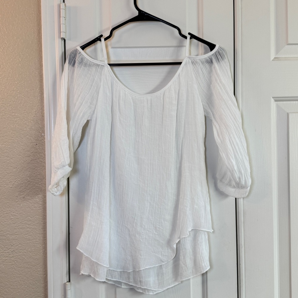 White off the shoulder blouse with sheer sleeves and crepe flowy dual layer, SzM